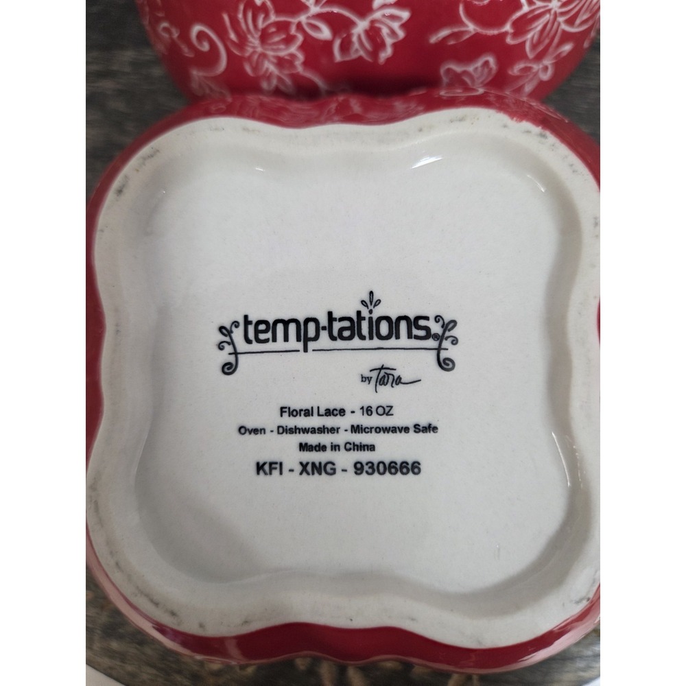 Temptations by tara Floral‎ Lace Cranberry Red 16oz Ramekin Rounded Square - Picture 5 of 7